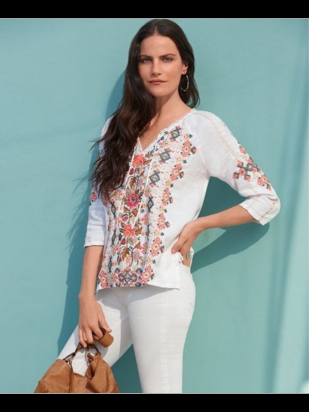 NWT Johnny Was White Linen Tunic with Embroidery Large Chandra Peasant - Picture 2 of 5